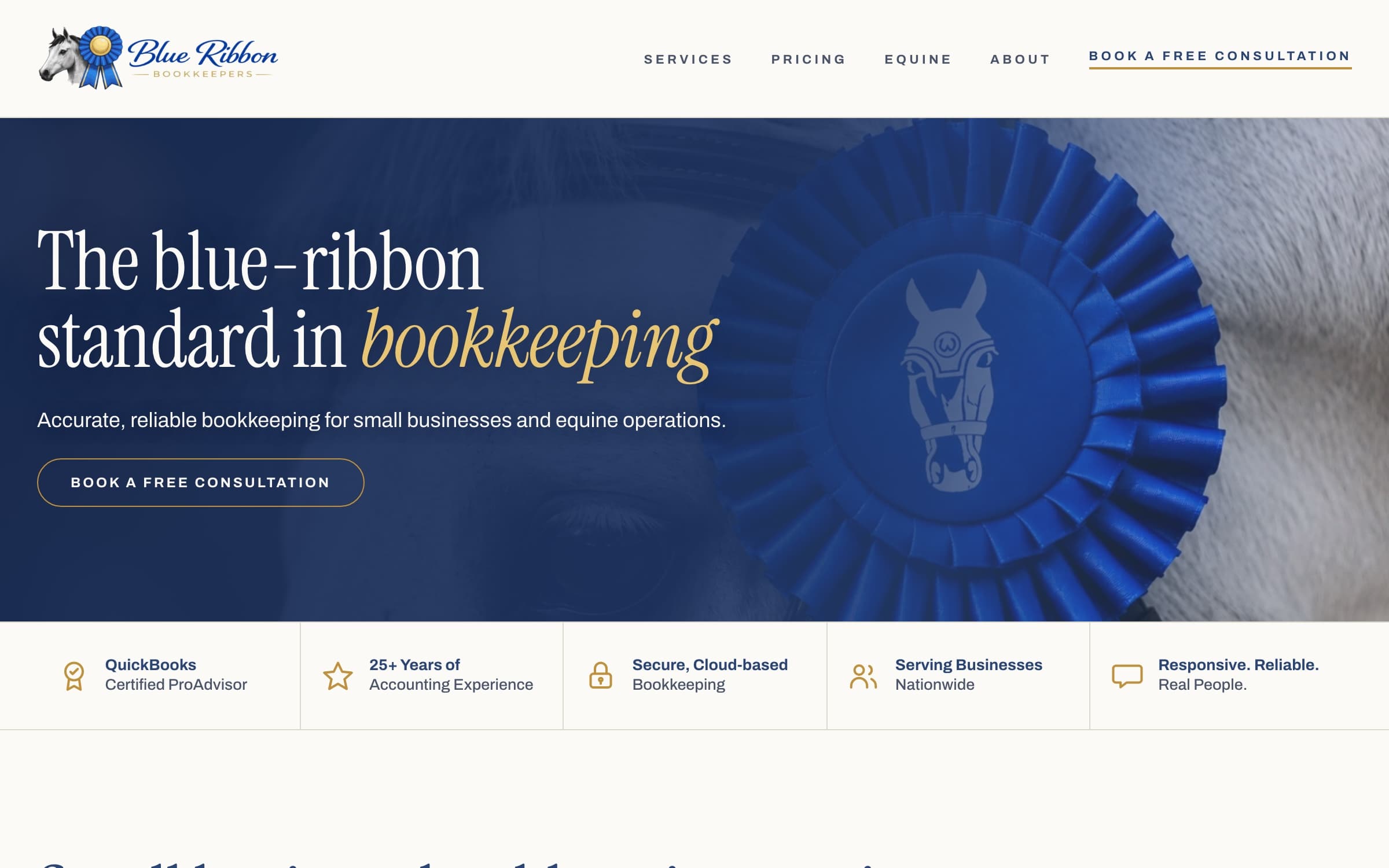 The Blue Ribbon Bookkeepers homepage, showing the practice’s services and equine specialty.