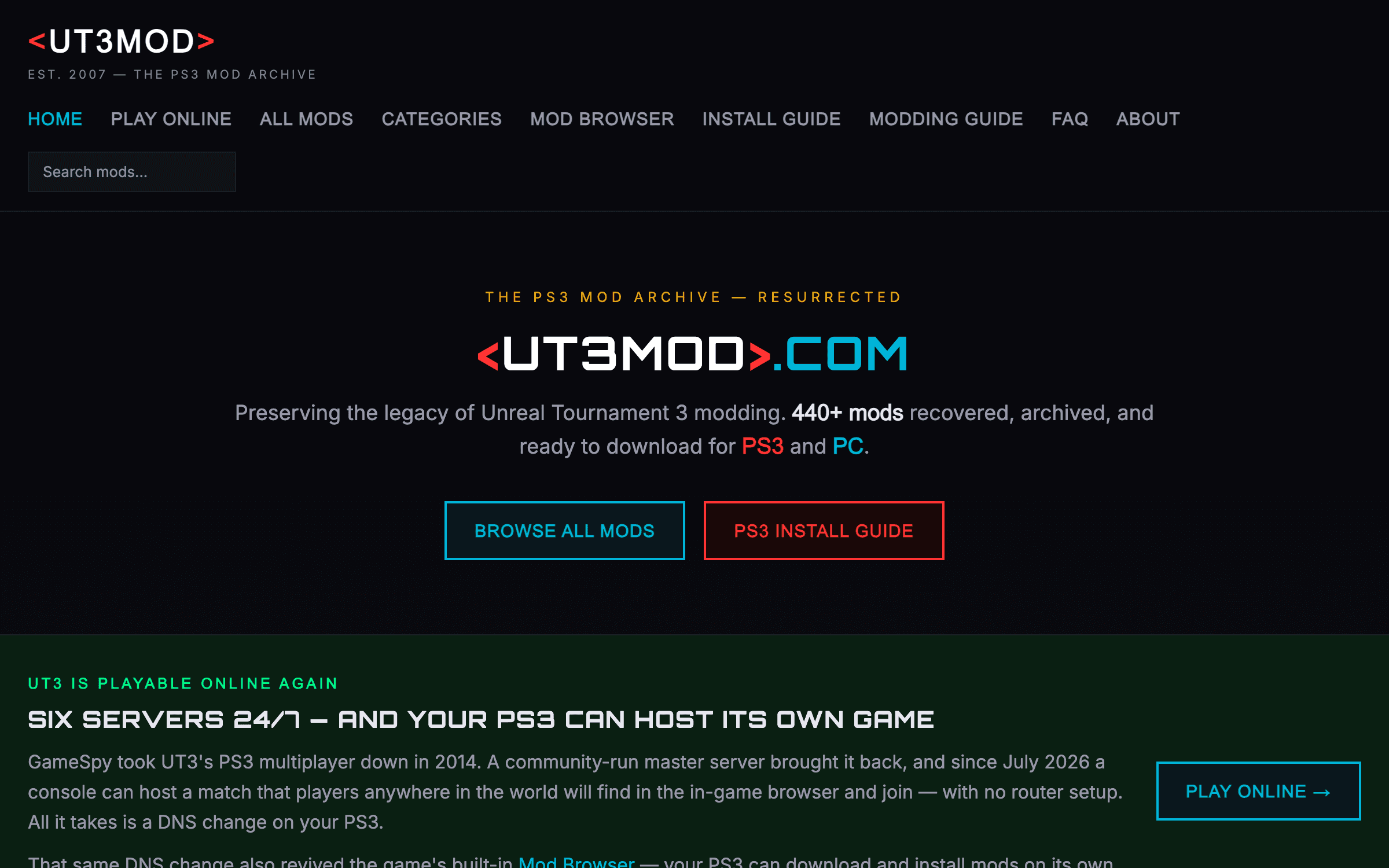 The UT3MOD home page, announcing restored online play and the recovered mod archive.